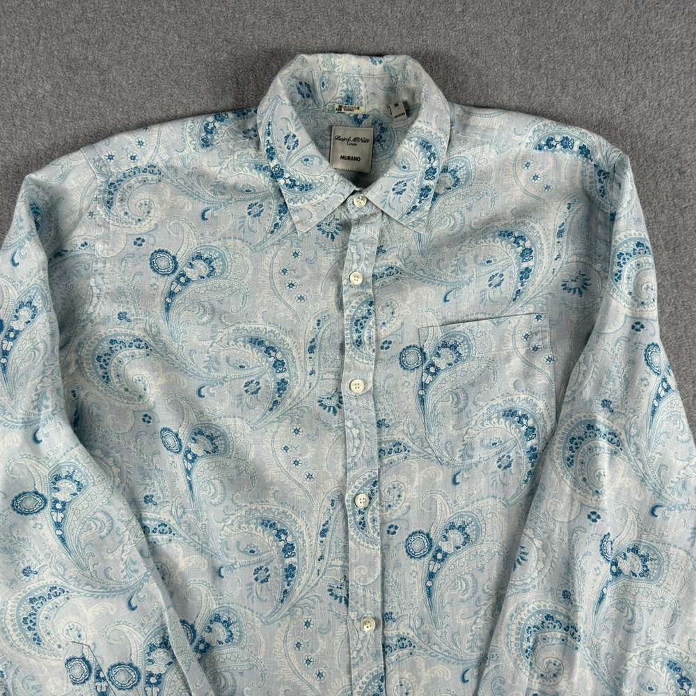 Baird McNutt Linen Murano Paisley Shirt M Blue Long Sleeve Pocket Button Up